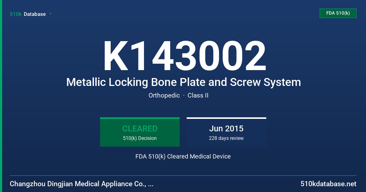 K143002 Metallic Locking Bone Plate and Screw System FDA 510(k) Cleared Medical Device