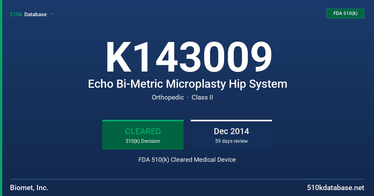 K143009 Echo Bi-Metric Microplasty Hip System FDA 510(k) Cleared Medical Device