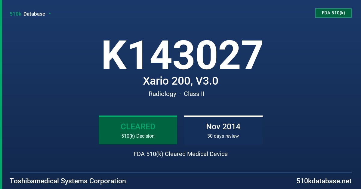 K143027 Xario 200, V3.0 FDA 510(k) Cleared Medical Device