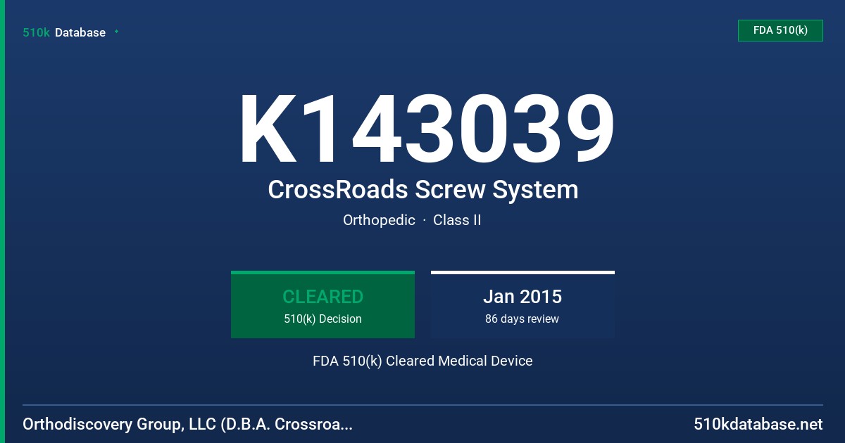 K143039 CrossRoads Screw System FDA 510(k) Cleared Medical Device