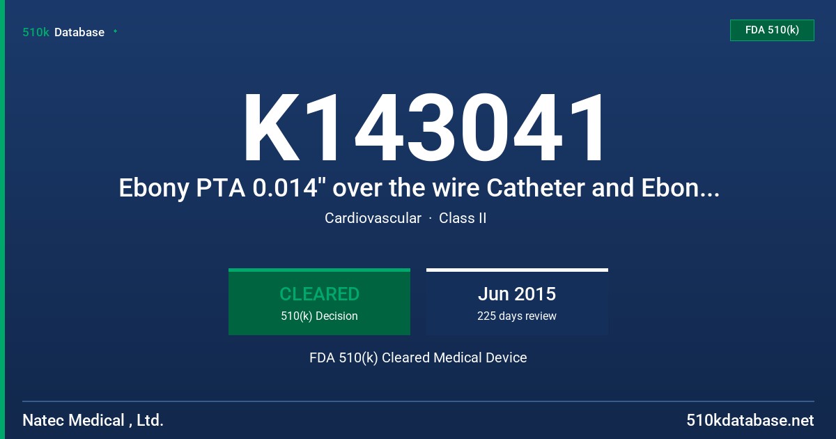 K143041 Ebony PTA 0.014'' over the wire Catheter and Ebony PTA 0.018 over the wire Catheter FDA 510(k) Cleared Medical Device