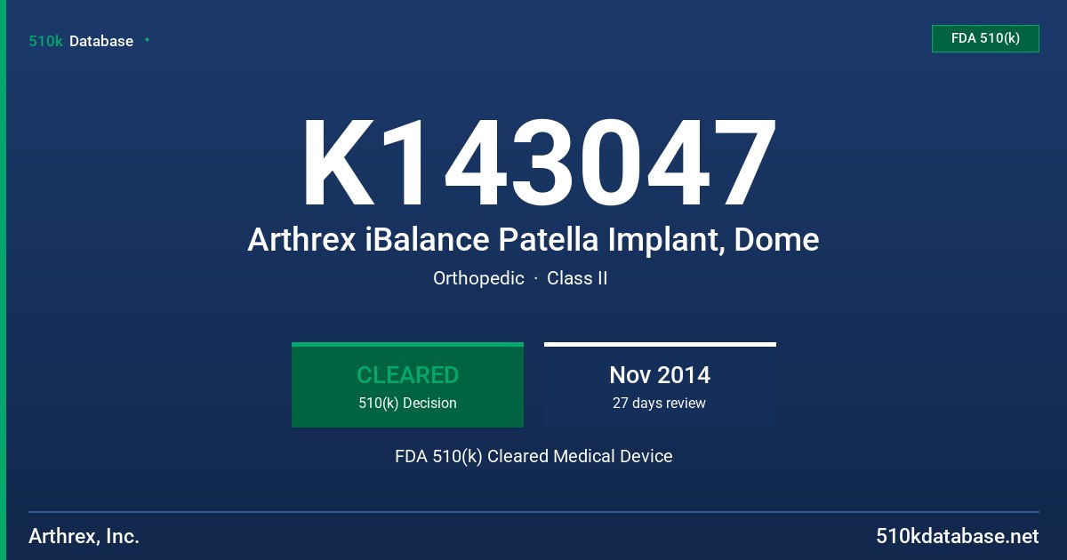 K143047 Arthrex iBalance Patella Implant, Dome FDA 510(k) Cleared Medical Device