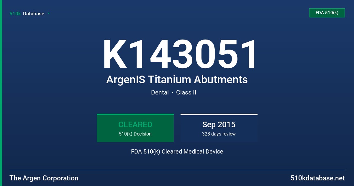 K143051 ArgenIS Titanium Abutments FDA 510(k) Cleared Medical Device