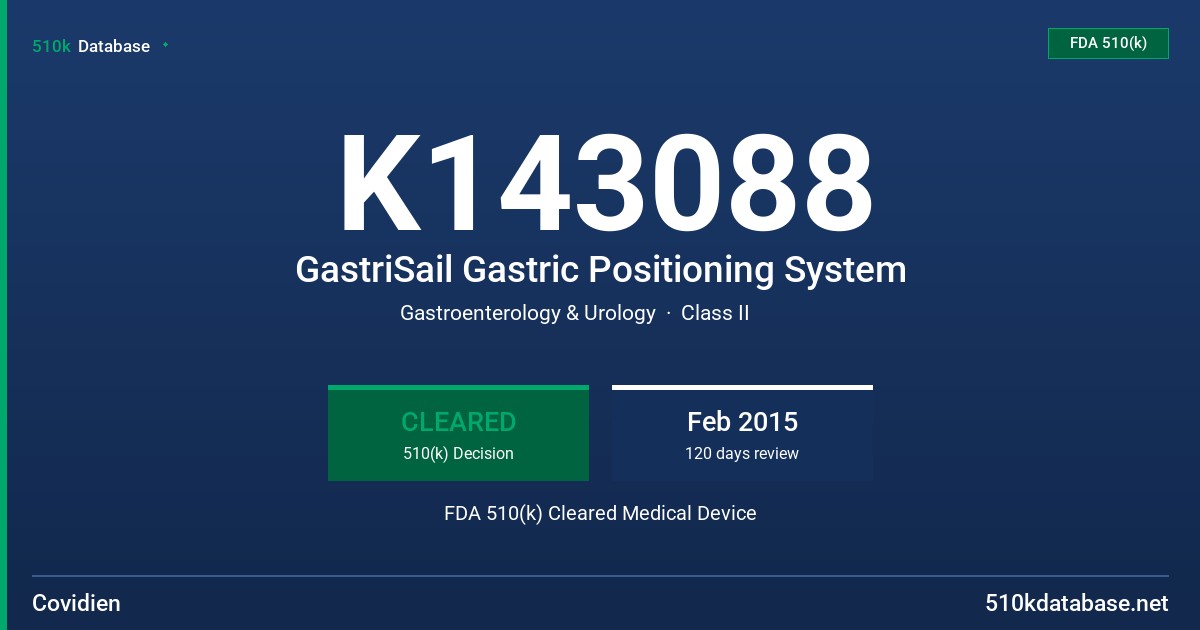 K143088 GastriSail Gastric Positioning System FDA 510(k) Cleared Medical Device