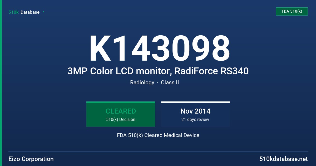 K143098 3MP Color LCD monitor, RadiForce RS340 FDA 510(k) Cleared Medical Device