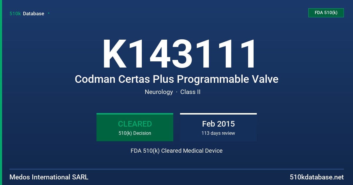 K143111 Codman Certas Plus Programmable Valve FDA 510(k) Cleared Medical Device