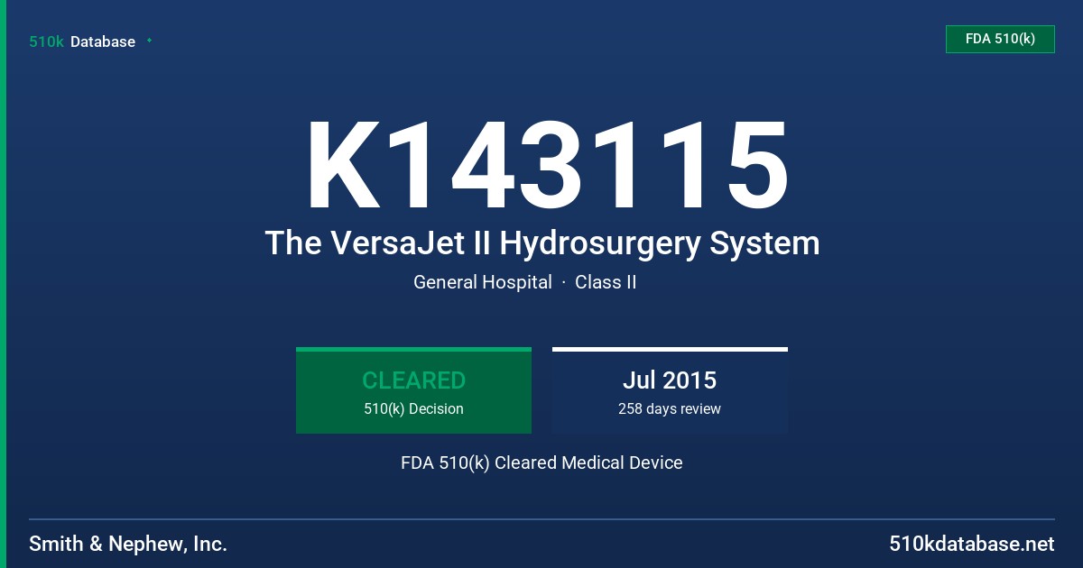 K143115 The VersaJet II Hydrosurgery System FDA 510(k) Cleared Medical Device