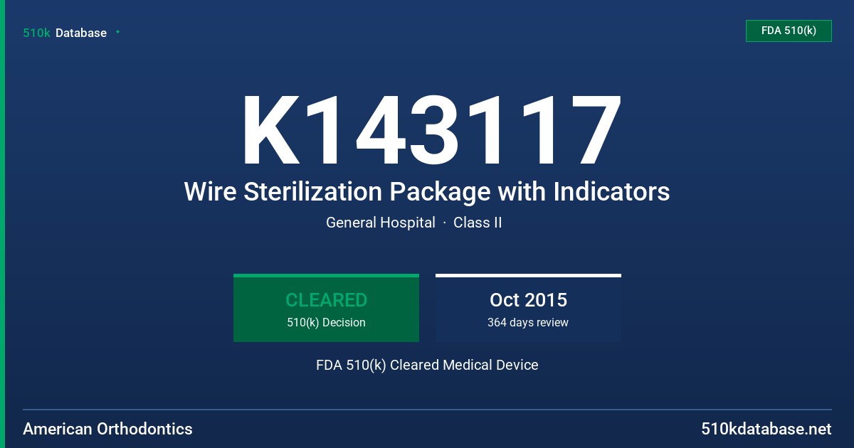 K143117 Wire Sterilization Package with Indicators FDA 510(k) Cleared Medical Device