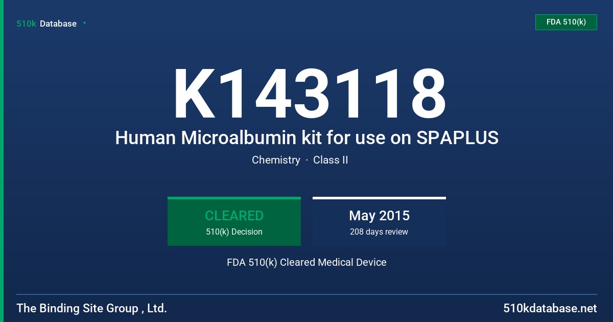 K143118 Human Microalbumin kit for use on SPAPLUS FDA 510(k) Cleared Medical Device