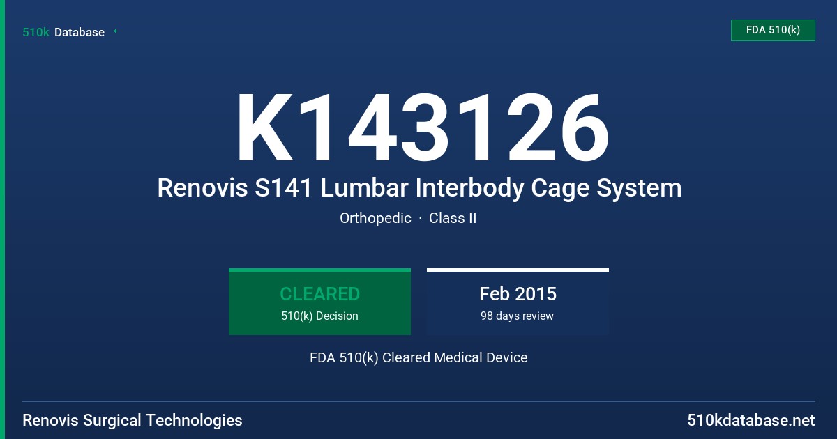 K143126 Renovis S141 Lumbar Interbody Cage System FDA 510(k) Cleared Medical Device