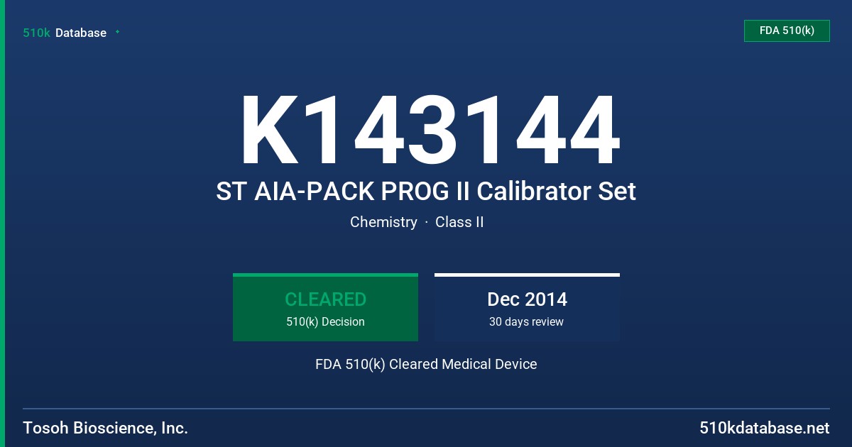 K143144 ST AIA-PACK PROG II Calibrator Set FDA 510(k) Cleared Medical Device