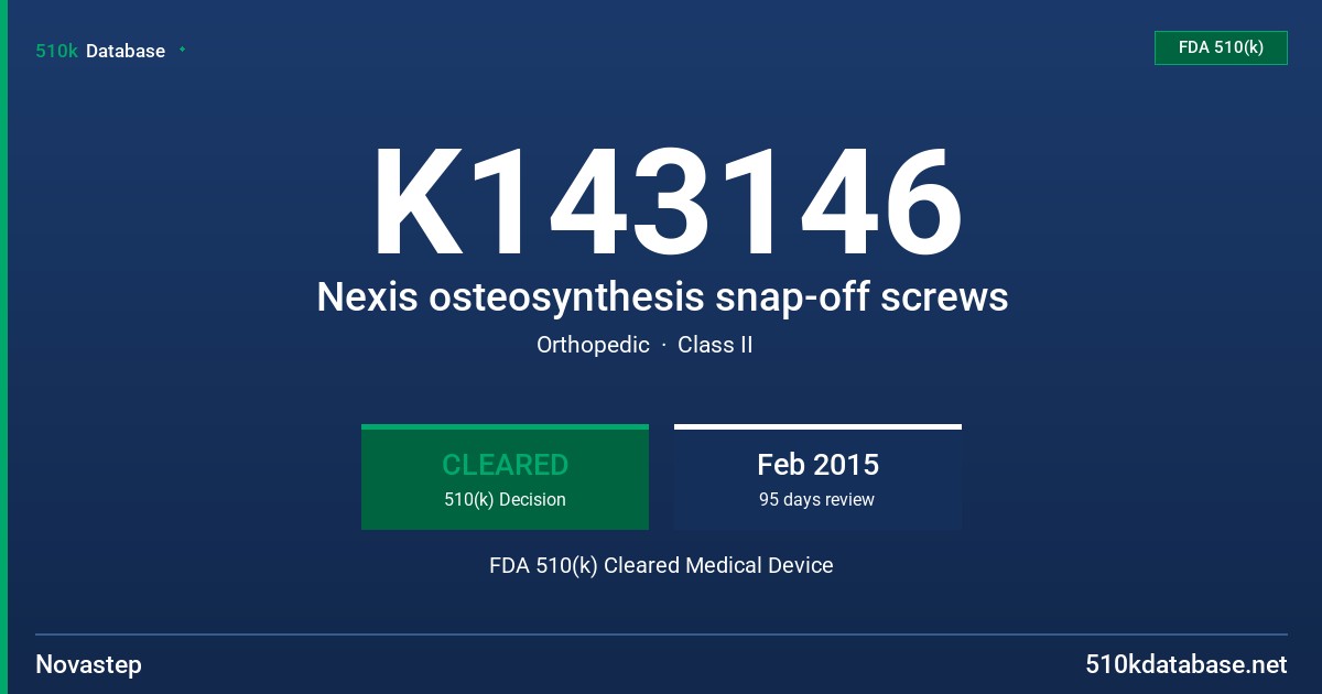 K143146 Nexis osteosynthesis snap-off screws FDA 510(k) Cleared Medical Device