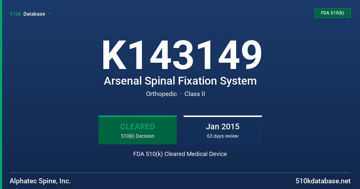 K143149 Arsenal Spinal Fixation System FDA 510(k) Cleared Medical Device