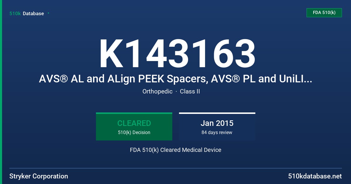 K143163 AVS® AL and ALign PEEK Spacers, AVS® PL and UniLIF PEEK Spacers, AVS® TL PEEK Spacer, AVS® Navigator PEEK Spacer, AVS® ARIA PEEK Spacer, AccuLIF TL and PL Cage, AVS® Anchor-L Spacer, Aero-AL Lumbar Cage System FDA 510(k) Cleared Medical Device
