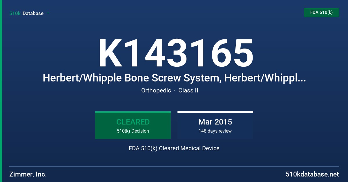 K143165 Herbert/Whipple Bone Screw System, Herbert/Whipple Bone Screw System, Herbert Cannulated Bone Screw System, Herbert Mini Bone Screw FDA 510(k) Cleared Medical Device