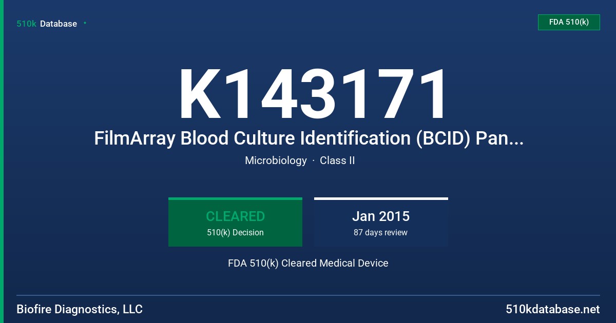K143171 FilmArray Blood Culture Identification (BCID) Panel for use with the FilmArray 2.0 FDA 510(k) Cleared Medical Device