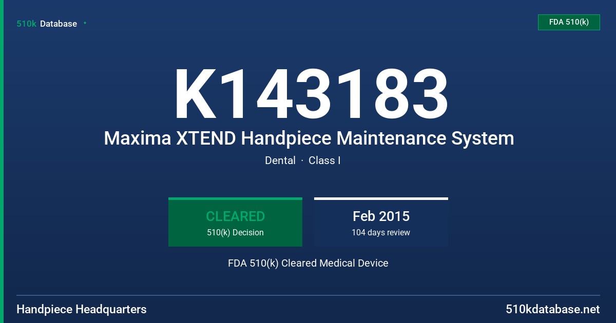 K143183 Maxima XTEND Handpiece Maintenance System FDA 510(k) Cleared Medical Device