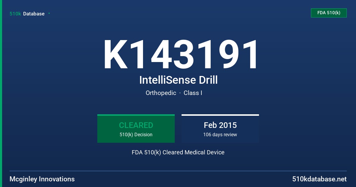K143191 IntelliSense Drill FDA 510(k) Cleared Medical Device