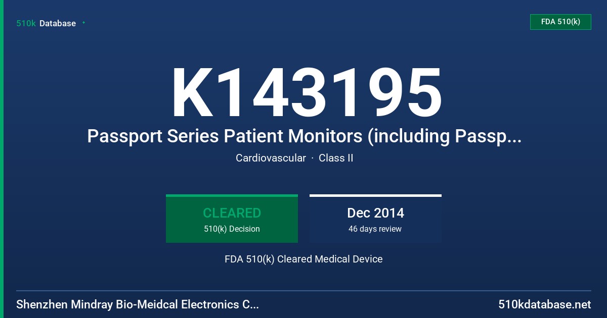 K143195 Passport Series Patient Monitors (including Passport 17M, Passport 12M and T1) FDA 510(k) Cleared Medical Device