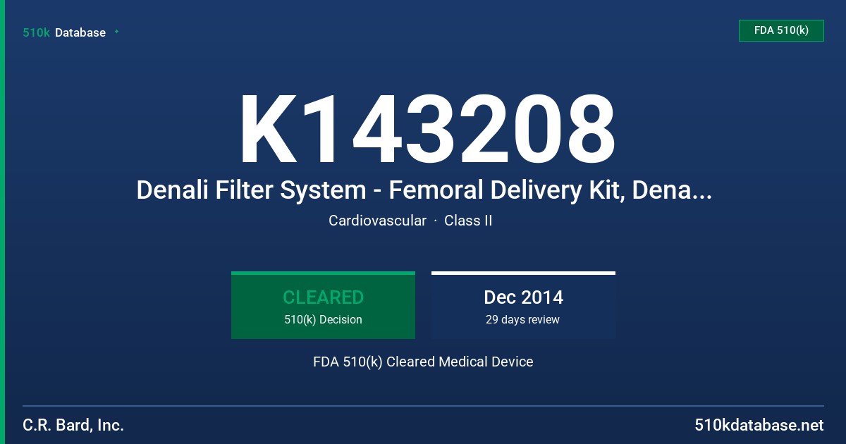 K143208 Denali Filter System - Femoral Delivery Kit, Denali Filter System - Jugular/Subclavain Delivery Kit FDA 510(k) Cleared Medical Device