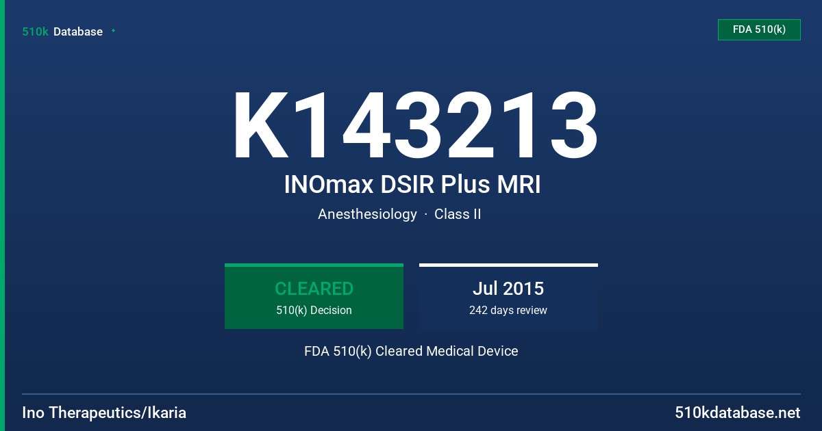 K143213 INOmax DSIR Plus MRI FDA 510(k) Cleared Medical Device
