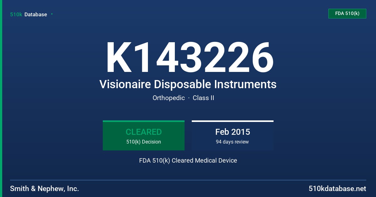 K143226 Visionaire Disposable Instruments FDA 510(k) Cleared Medical Device