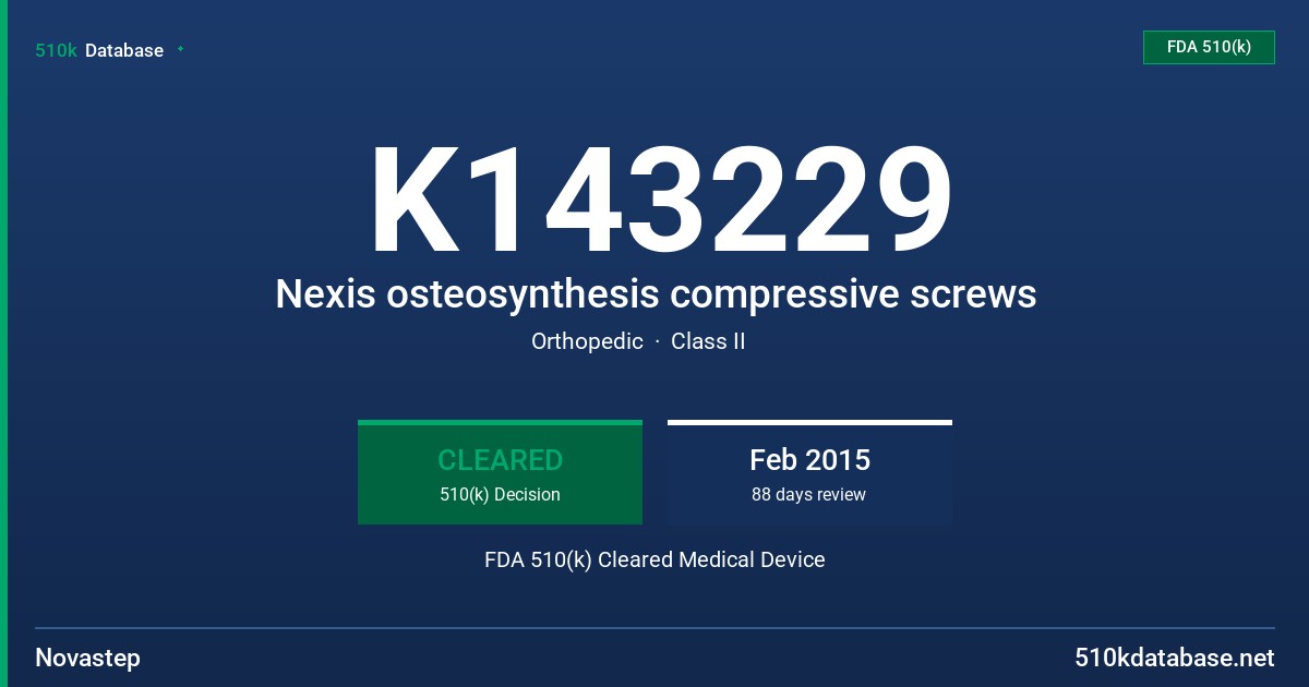 K143229 Nexis osteosynthesis compressive screws FDA 510(k) Cleared Medical Device