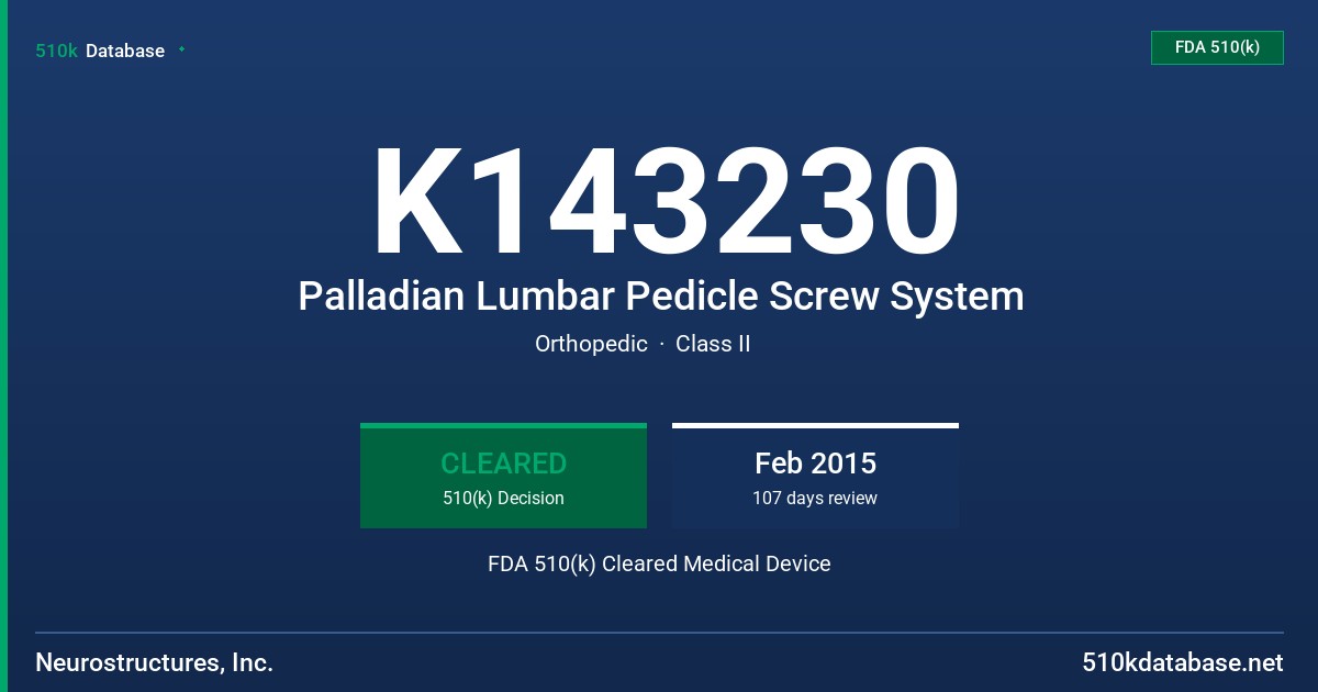 K143230 Palladian Lumbar Pedicle Screw System FDA 510(k) Cleared Medical Device