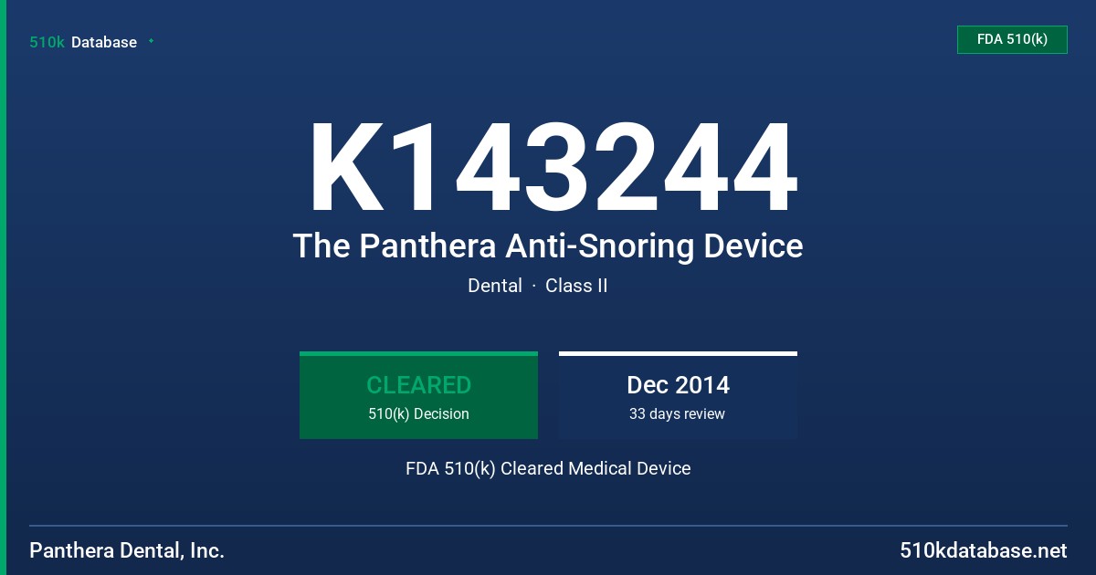 K143244 The Panthera Anti-Snoring Device FDA 510(k) Cleared Medical Device