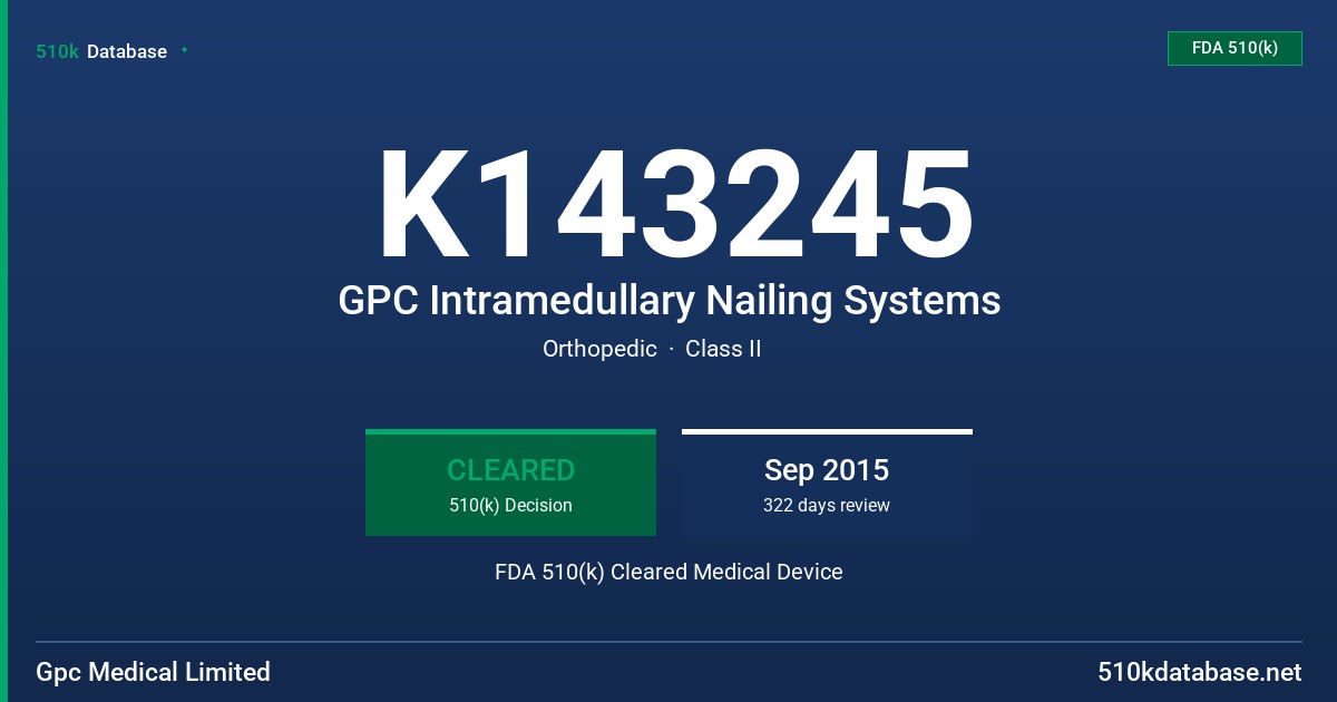 K143245 GPC Intramedullary Nailing Systems FDA 510(k) Cleared Medical Device