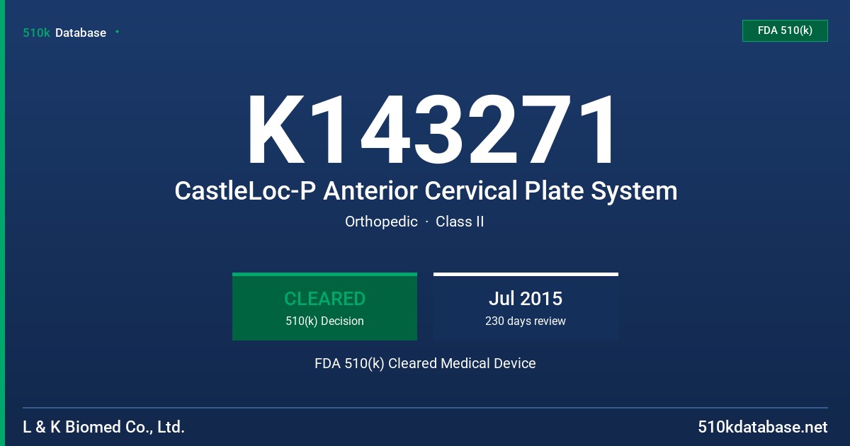 K143271 CastleLoc-P Anterior Cervical Plate System FDA 510(k) Cleared Medical Device