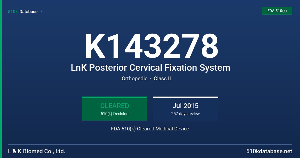 K143278 LnK Posterior Cervical Fixation System FDA 510(k) Cleared Medical Device
