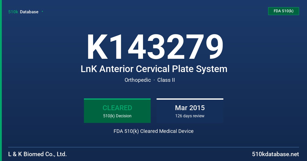 K143279 LnK Anterior Cervical Plate System FDA 510(k) Cleared Medical Device