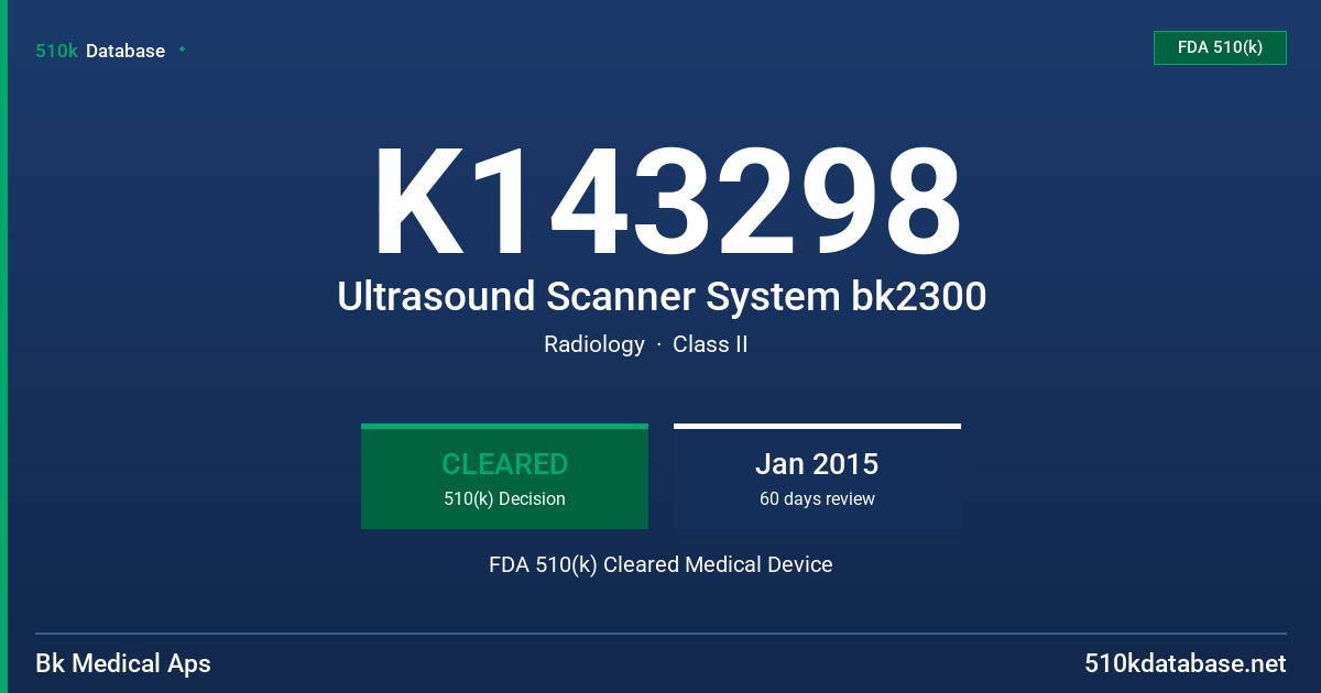 K143298 Ultrasound Scanner System bk2300 FDA 510(k) Cleared Medical Device