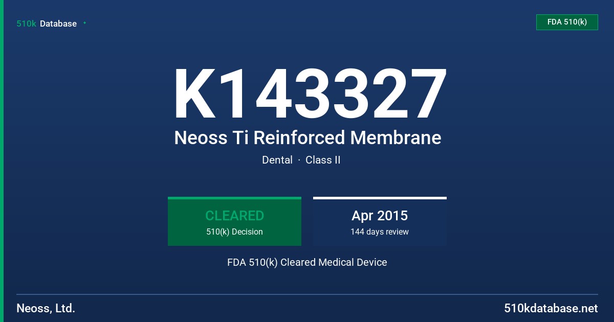K143327 Neoss Ti Reinforced Membrane FDA 510(k) Cleared Medical Device