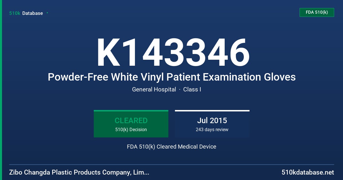 K143346 Powder-Free White Vinyl Patient Examination Gloves FDA 510(k) Cleared Medical Device