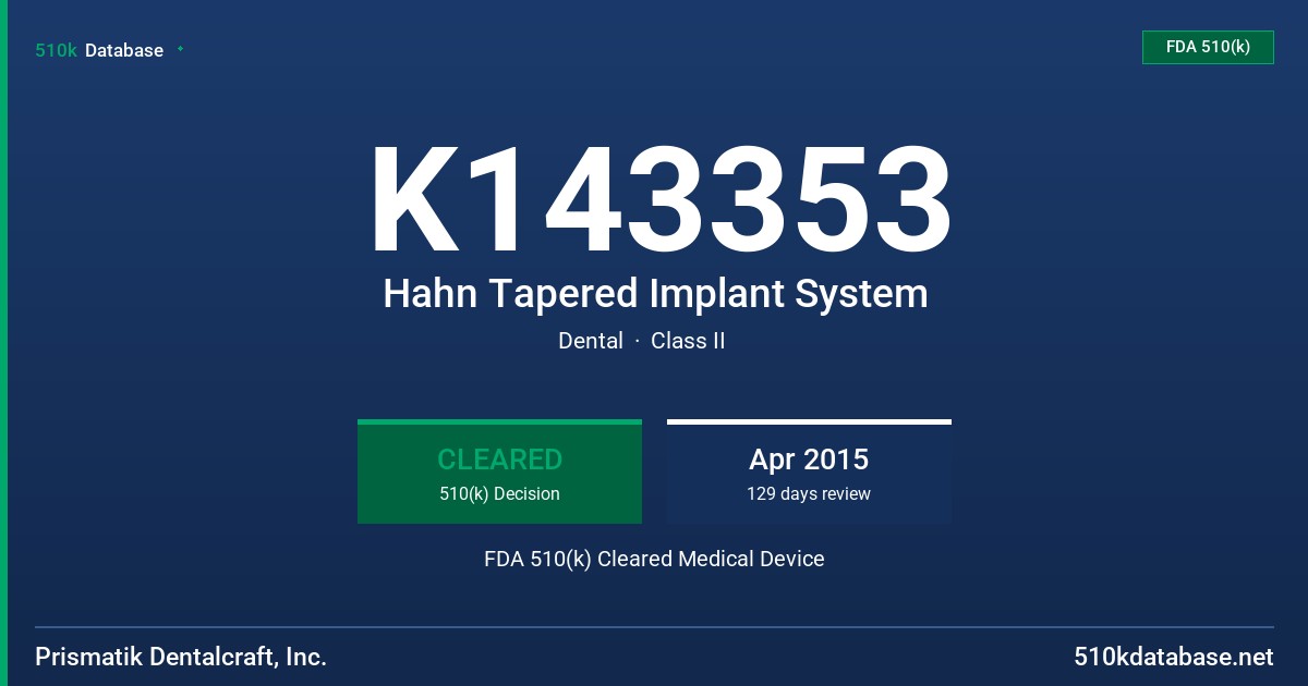 K143353 Hahn Tapered Implant System FDA 510(k) Cleared Medical Device