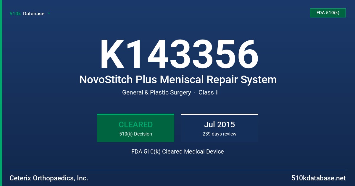 K143356 NovoStitch Plus Meniscal Repair System FDA 510(k) Cleared Medical Device