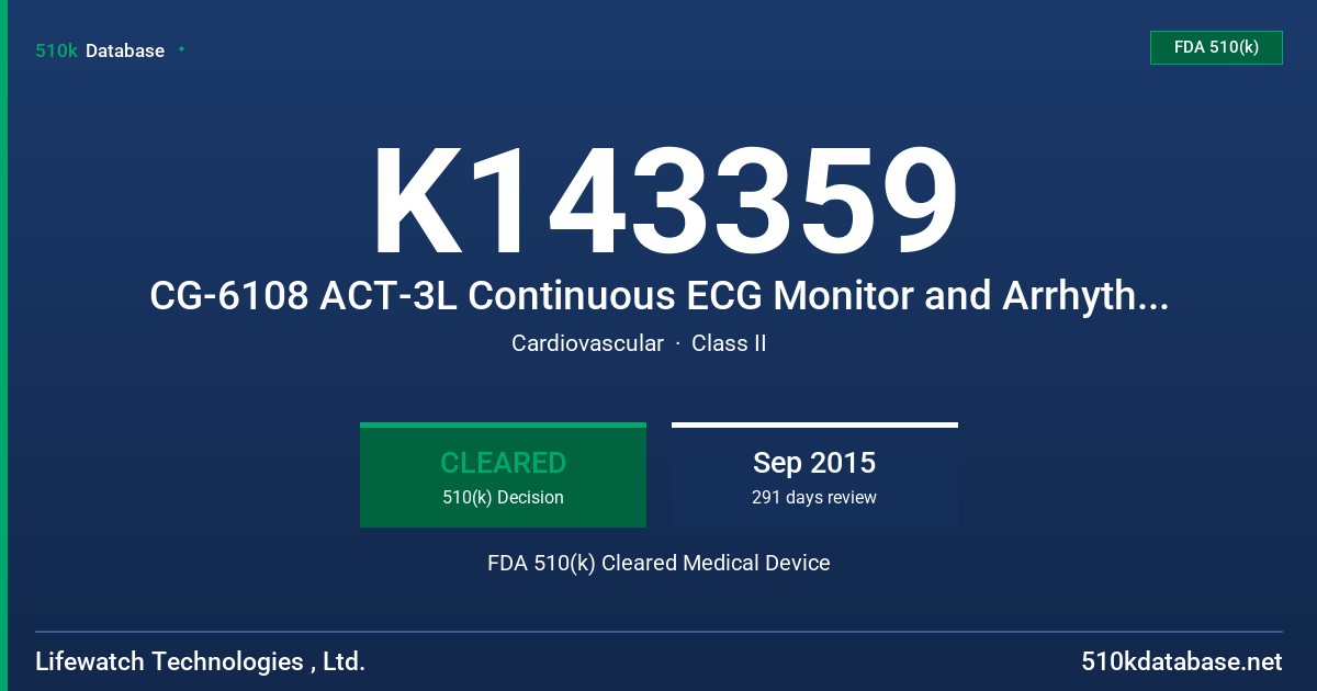 K143359 CG-6108 ACT-3L Continuous ECG Monitor and Arrhythmia Detector FDA 510(k) Cleared Medical Device