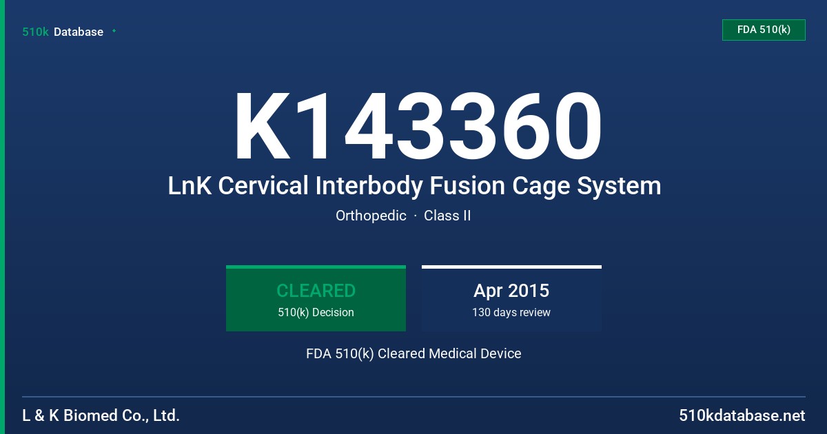 K143360 LnK Cervical Interbody Fusion Cage System FDA 510(k) Cleared Medical Device