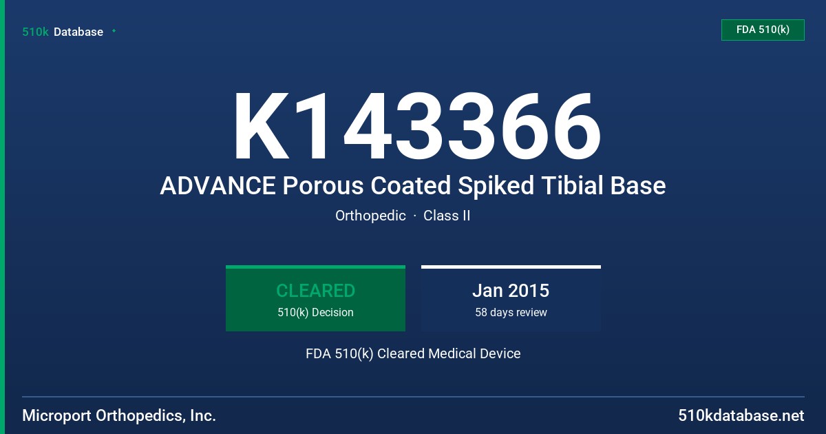 K143366 ADVANCE Porous Coated Spiked Tibial Base FDA 510(k) Cleared Medical Device