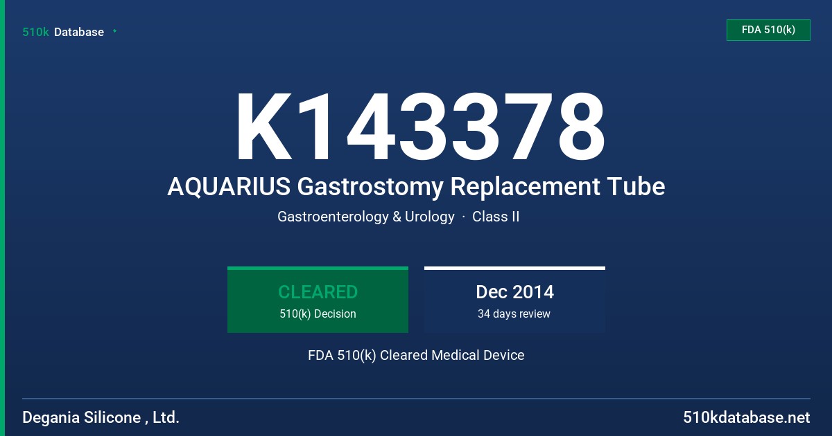 K143378 AQUARIUS Gastrostomy Replacement Tube FDA 510(k) Cleared Medical Device