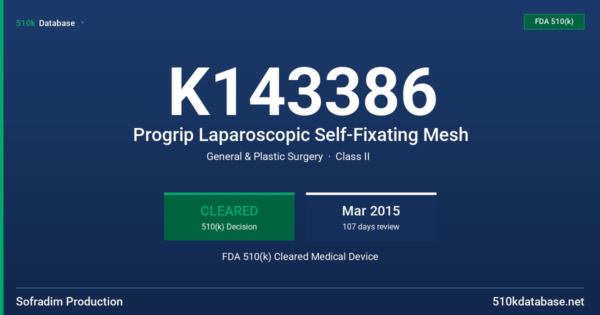K143386 Progrip Laparoscopic Self-Fixating Mesh FDA 510(k) Cleared Medical Device