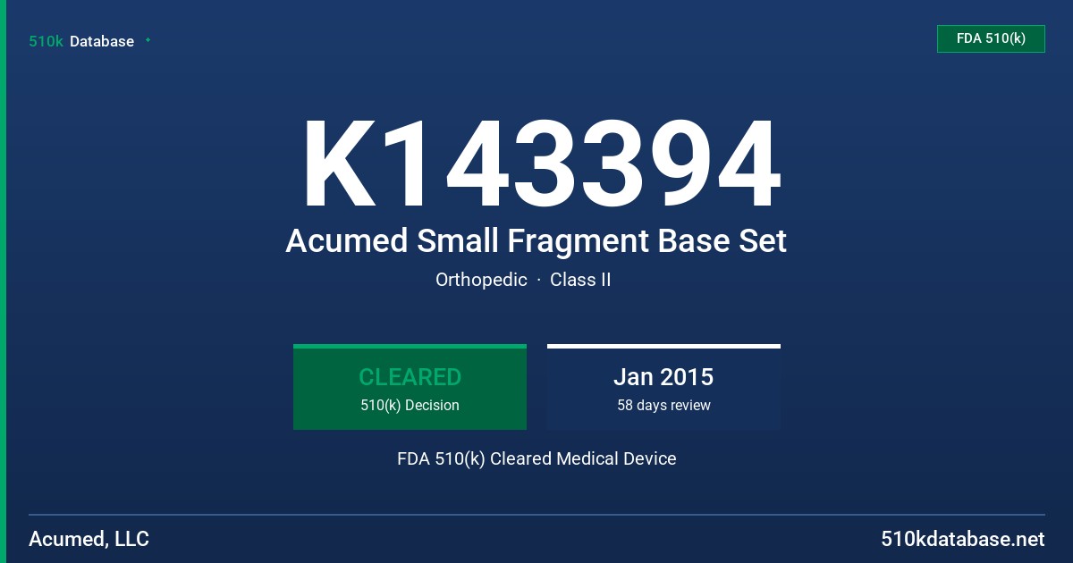 K143394 Acumed Small Fragment Base Set FDA 510(k) Cleared Medical Device