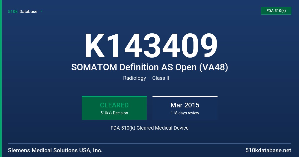 K143409 SOMATOM Definition AS Open (VA48) FDA 510(k) Cleared Medical Device
