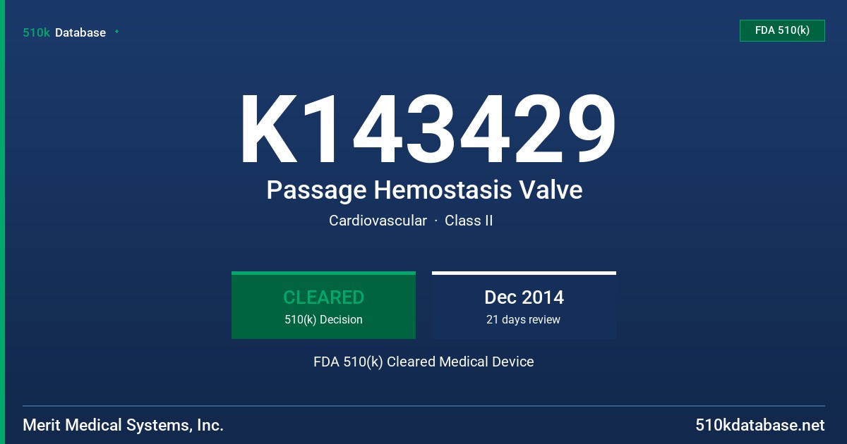 K143429 Passage Hemostasis Valve FDA 510(k) Cleared Medical Device