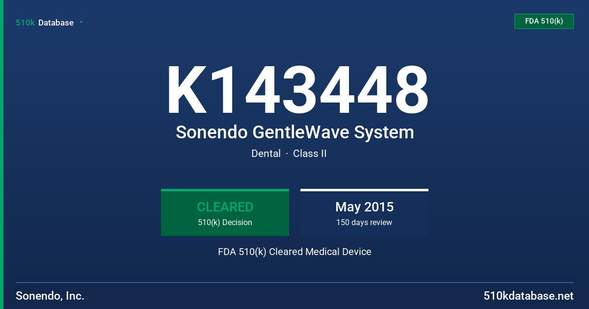 K143448 Sonendo GentleWave System FDA 510(k) Cleared Medical Device