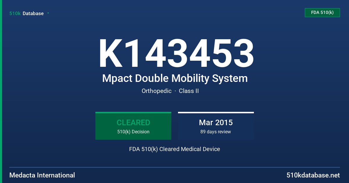 K143453 Mpact Double Mobility System FDA 510(k) Cleared Medical Device