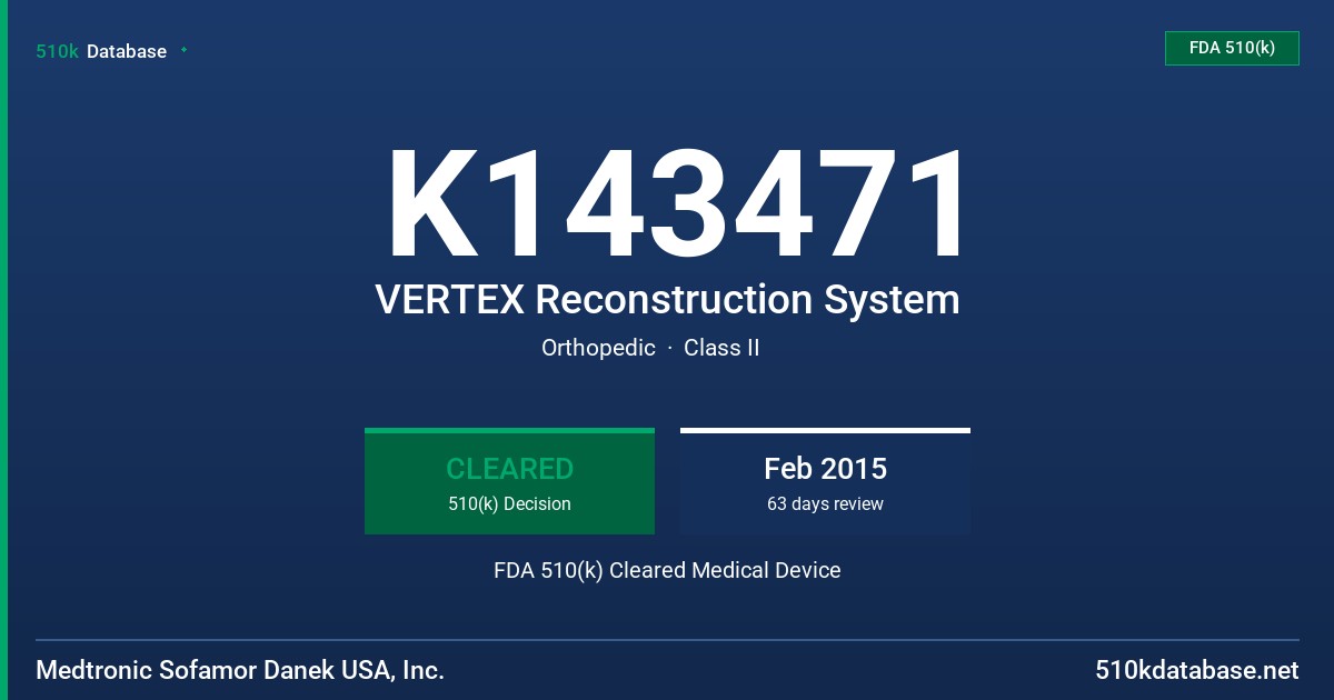 K143471 VERTEX Reconstruction System FDA 510(k) Cleared Medical Device