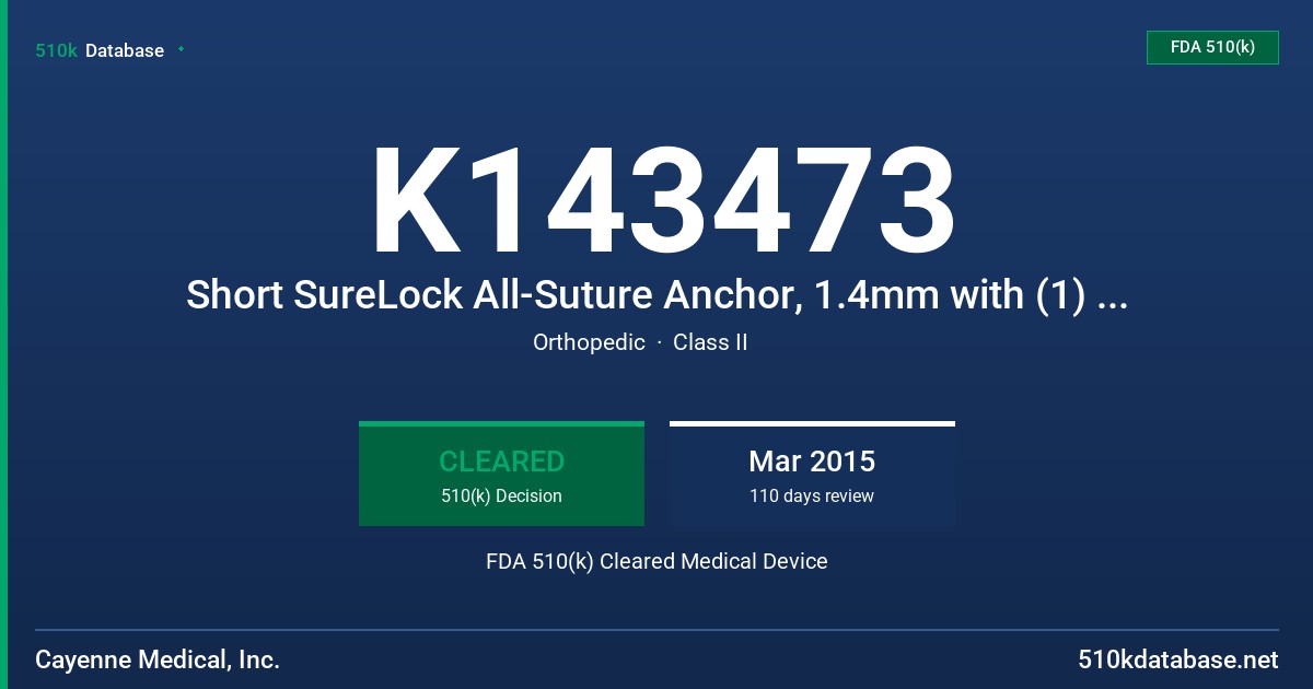 K143473 Short SureLock All-Suture Anchor, 1.4mm with (1) size 0 UHMWPE suture with needles, Short SureLock All-Suture Anchor, 1.4mm with (1) size 2-0 UHMWPE suture with needles FDA 510(k) Cleared Medical Device